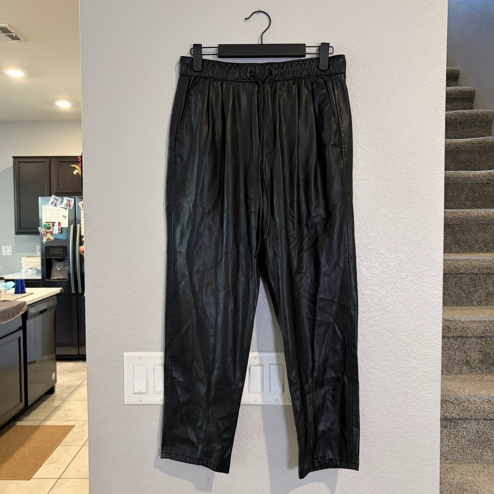 Zara Black Faux Leather Joggers Elastic Drawstring Waist Tapered Pants XS - Picture 2 of 7